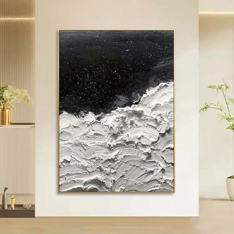 Hand-painted abstract oil painting canvas wall art Oceans Of Stars black and white seawave modern decor