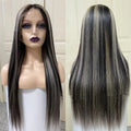 Piano color highlight P1bGrey straight human hair wig on a stand, showing natural texture and lace base