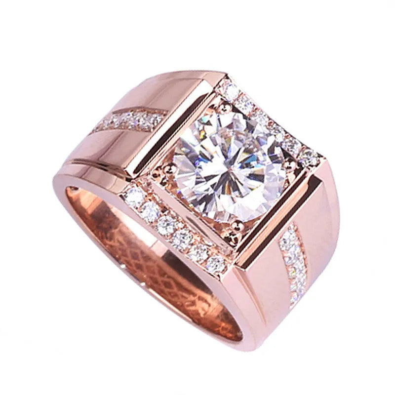 Men's geometric diamond zircon ring with adjustable open mouth in rose gold finish.