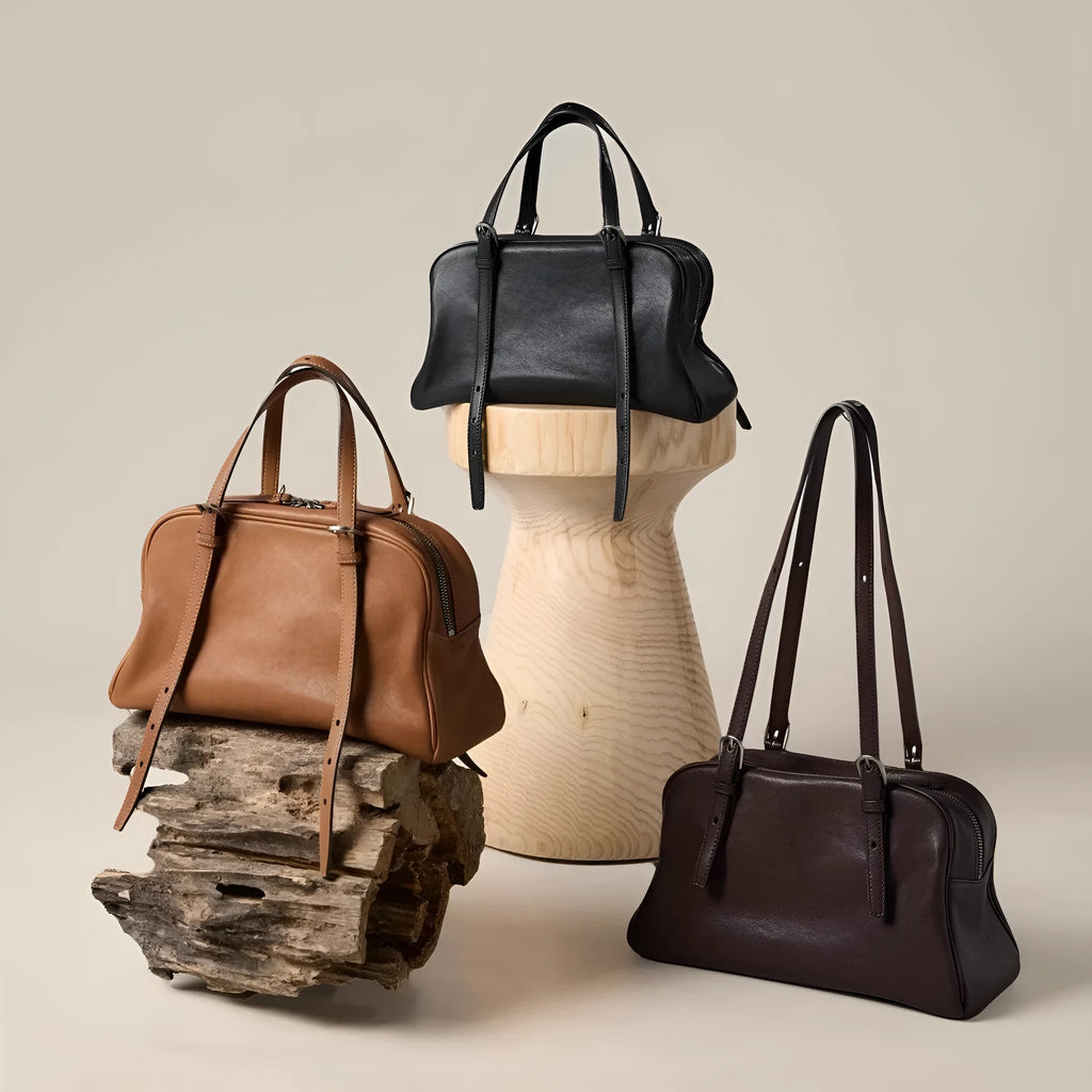 Women's retro style genuine leather shoulder bag with double straps in horizontal square design