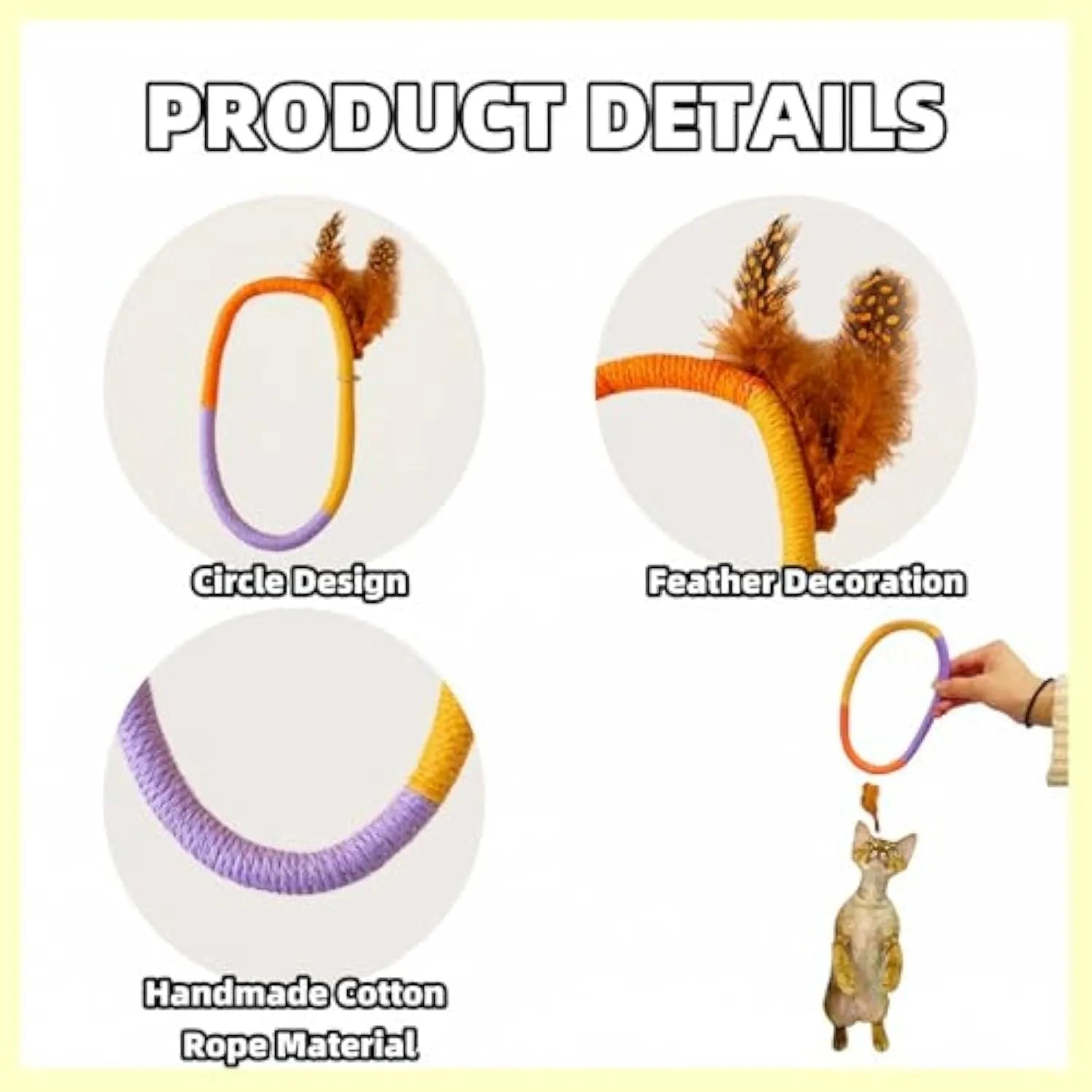 Circular green cotton rope cat toy with feathers and catnip.