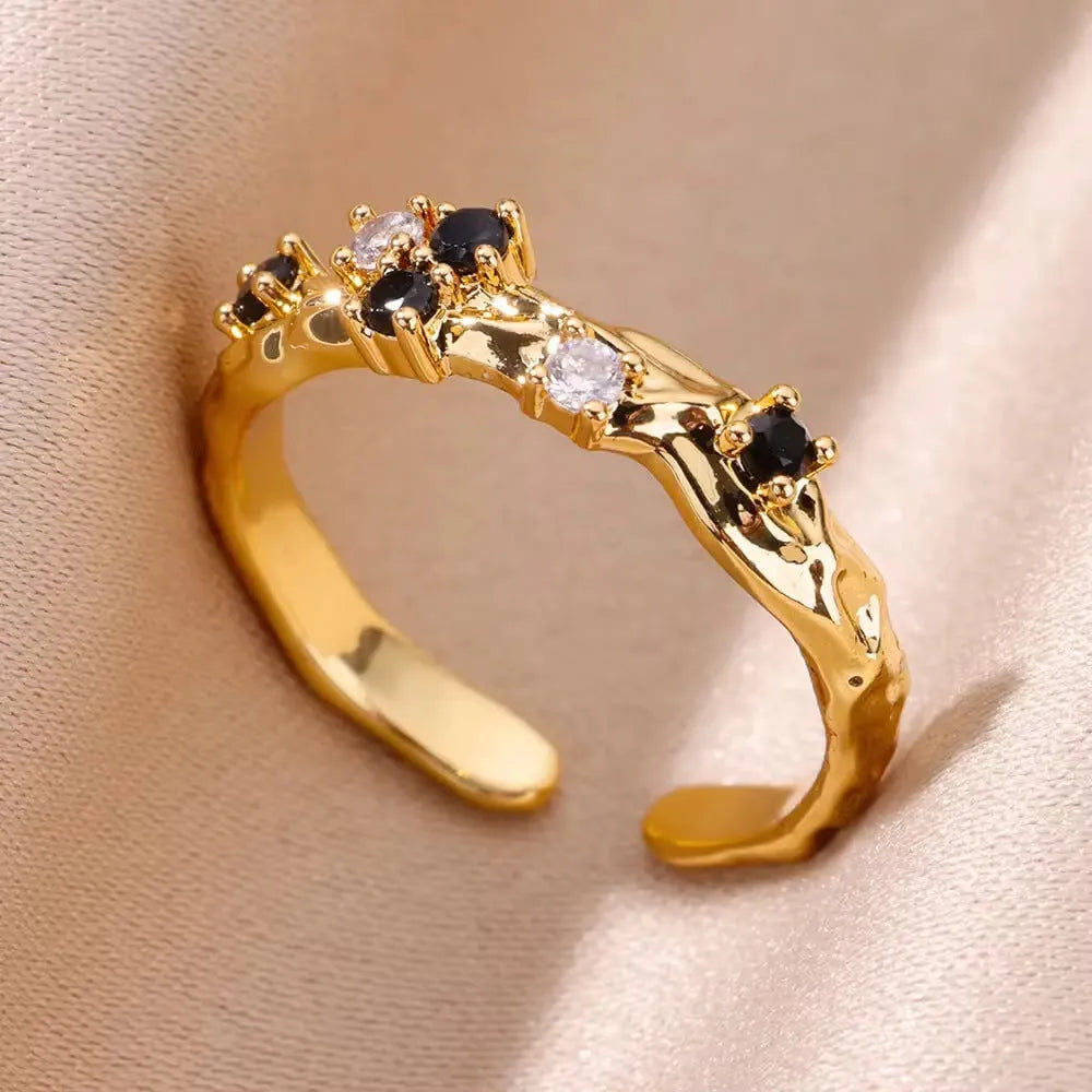 18K gold plated copper open mouth ring with synthetic zircon love emerald motif on white background
