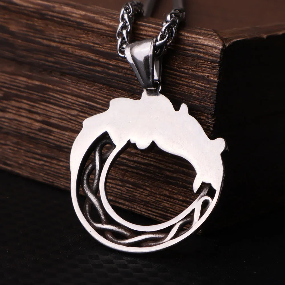 Nordic Viking titanium steel dragon pendant necklace in steel colour with optional 3mm 60cm keel chain, unisex retro geometric design