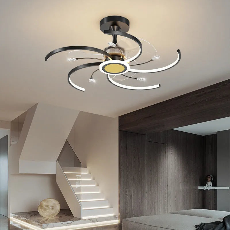 Black gold iron ceiling fan lamp with LED light, remote control, 68CM to 108CM size options