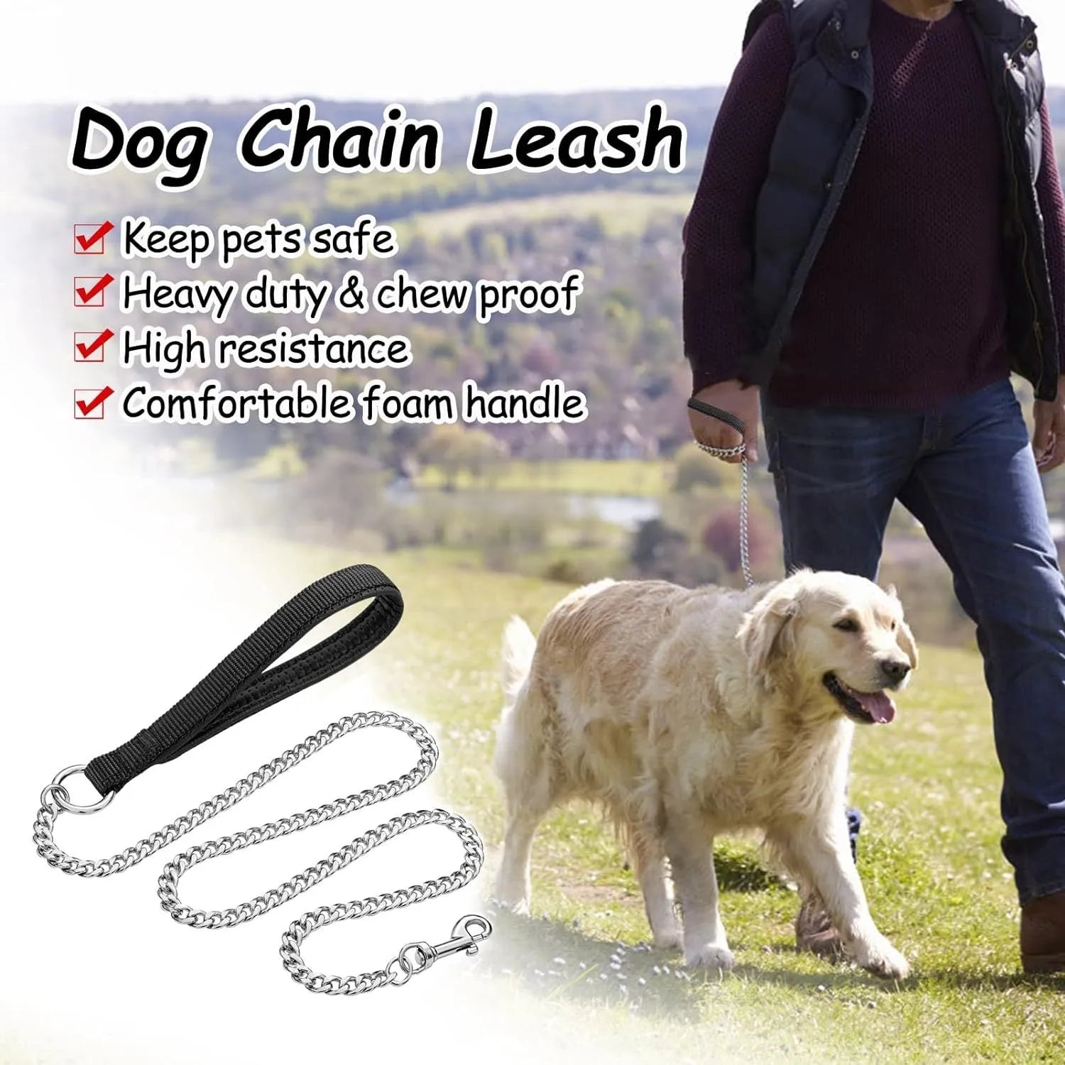 Heavy-duty metal chain dog leash with a soft black padded handle, shown with a red colour option.