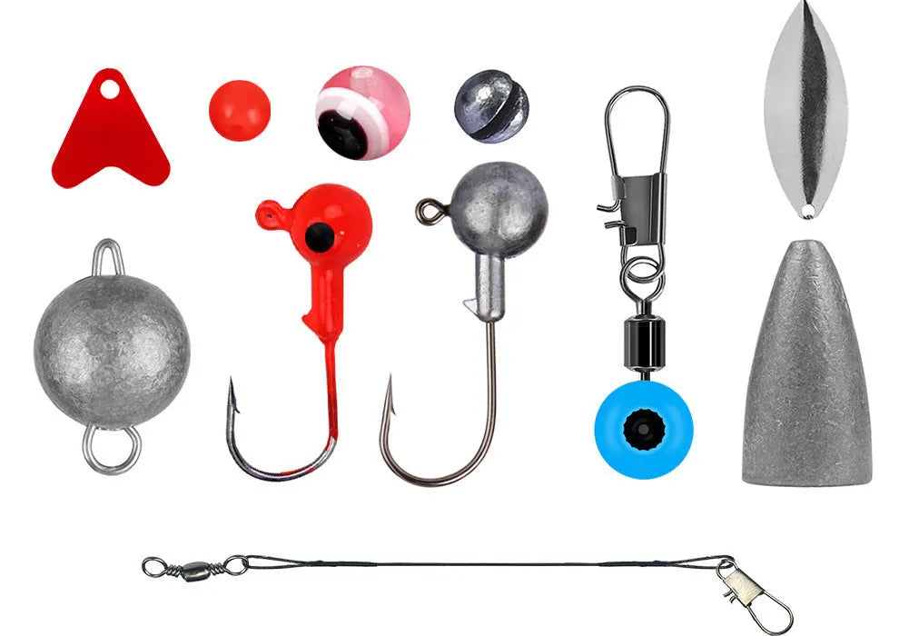 Weihe orange or black ABS plastic box open to show organised compartments filled with 257 fishing hooks and lure accessories.