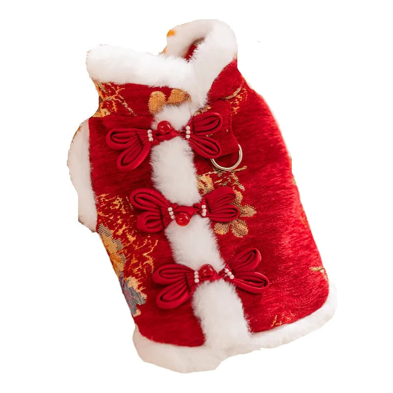 Chinese New Year pet vest with Chinese knot buttons, faux fur trim, and built-in leash ring in red or beige