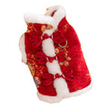 Chinese New Year pet vest with Chinese knot buttons, faux fur trim, and built-in leash ring in red or beige