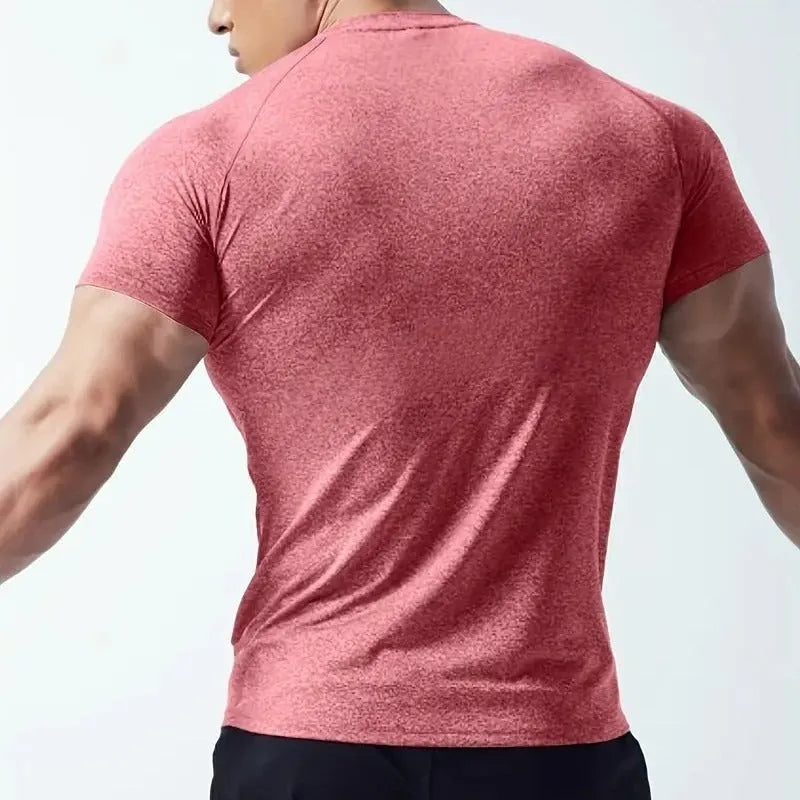 Men's grey quick-dry polyester short sleeve running t-shirt on a hanger.