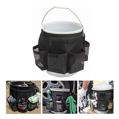Black cylindrical bucket organiser bag with hanging strap for 5-gallon barrels