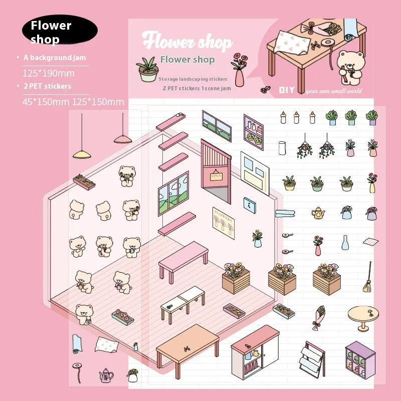 Set of eight colourful Capabala 3D business-themed cartoon stickers including bakery and bookstore designs.