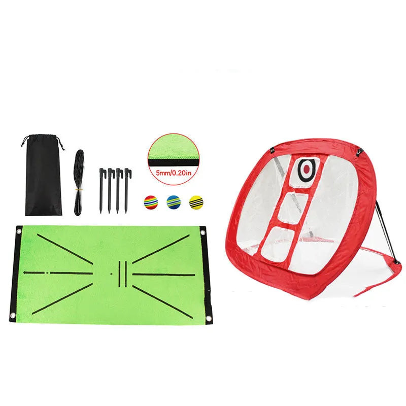 Indoor golf practice cutting pad with crystal swan suede surface and three rainbow balls on SBR base