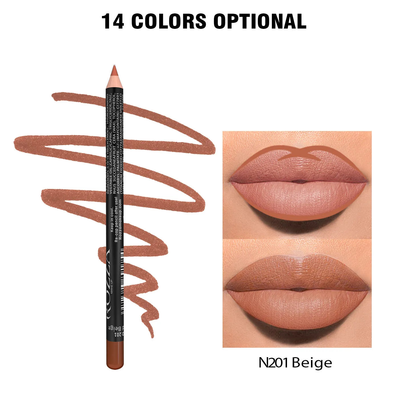 Matte finish lip liner pencil in wooden tone showing waterproof 24-hour formula