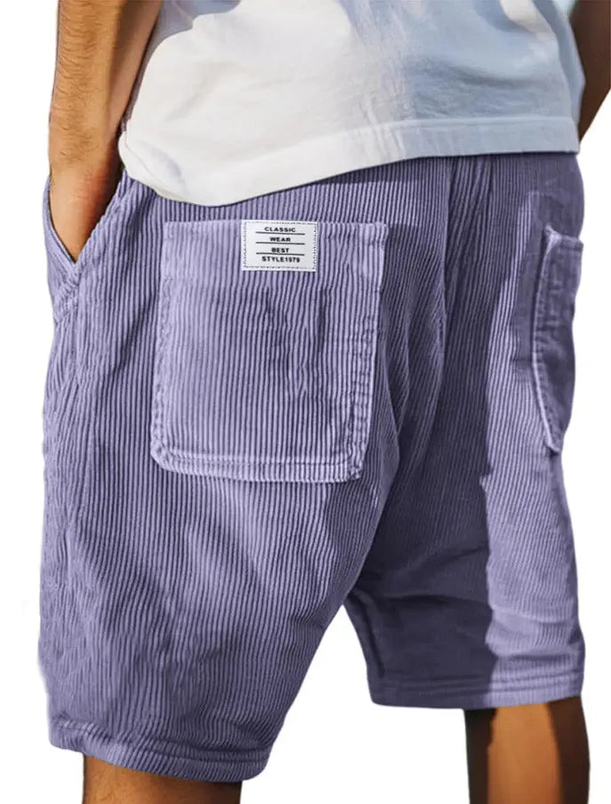 Men's straight-leg corduroy shorts with multiple pockets and embroidery detailing in grey colour