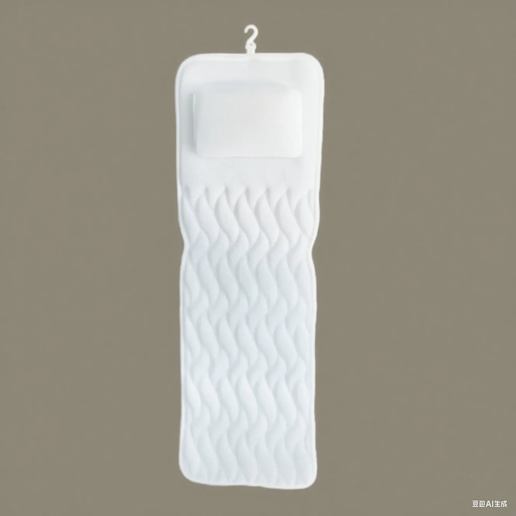 White adult bathtub pillow with 4D mesh material and suction cups on a bath mat.