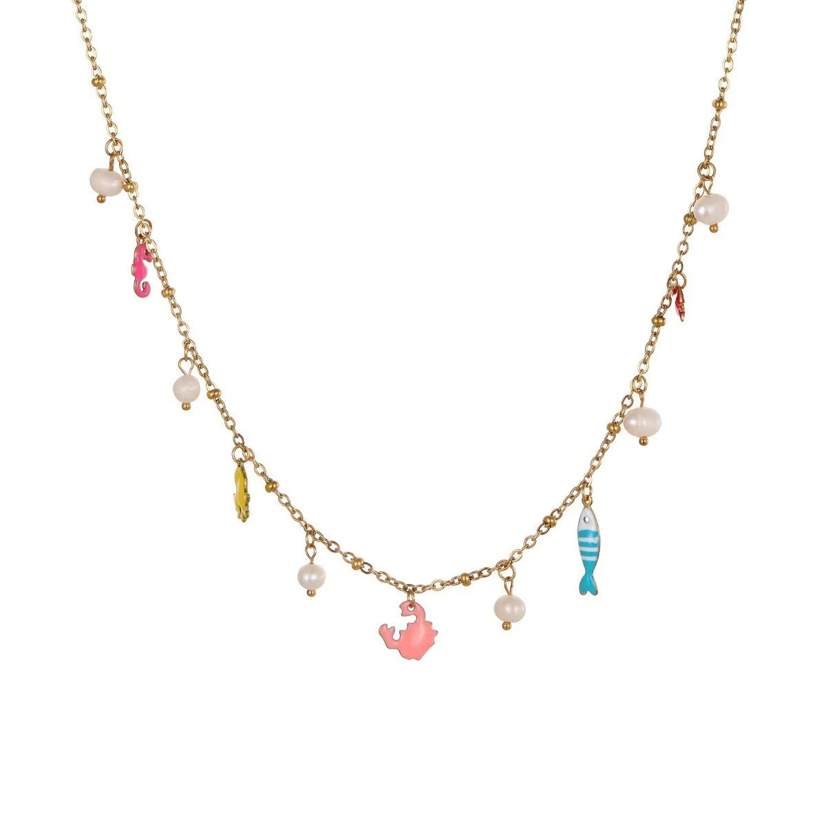 Stainless steel geometric pendant necklace with 18K gold-tone electroplating on a regular chain, model NMSBJ7464