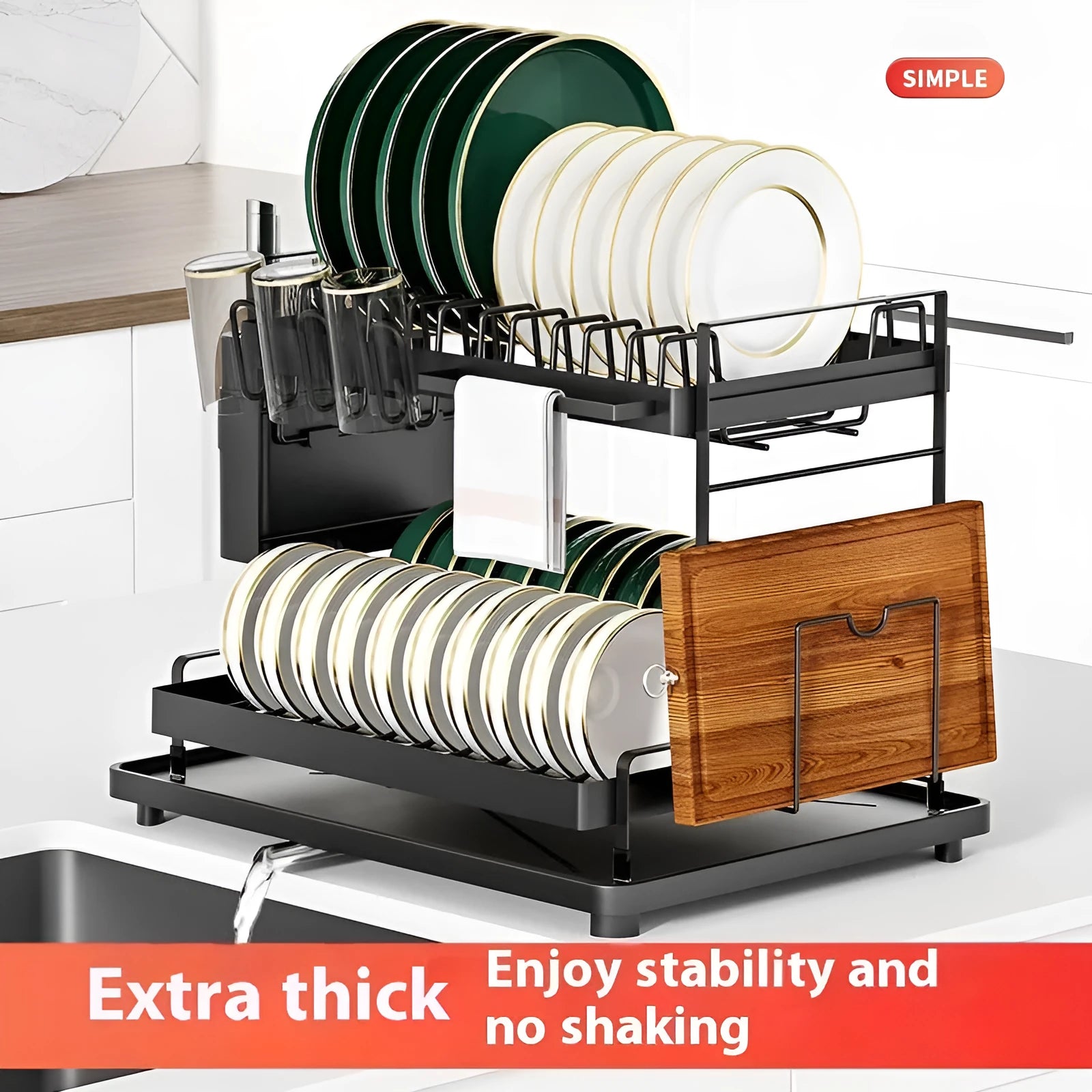White double-layer kitchen storage rack with removable draining section on a countertop.