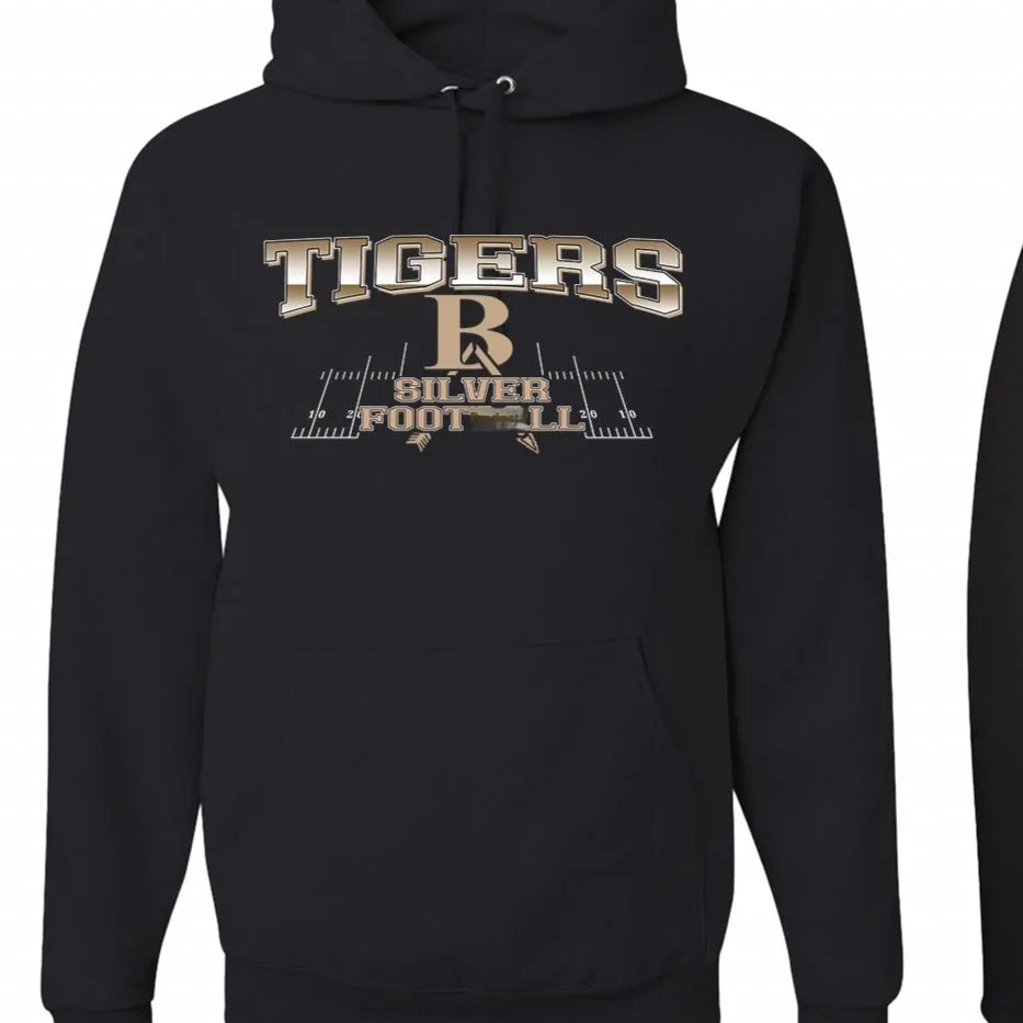 Black men's drop-shoulder pullover hoodie on a model, showing relaxed fit and collarless design.