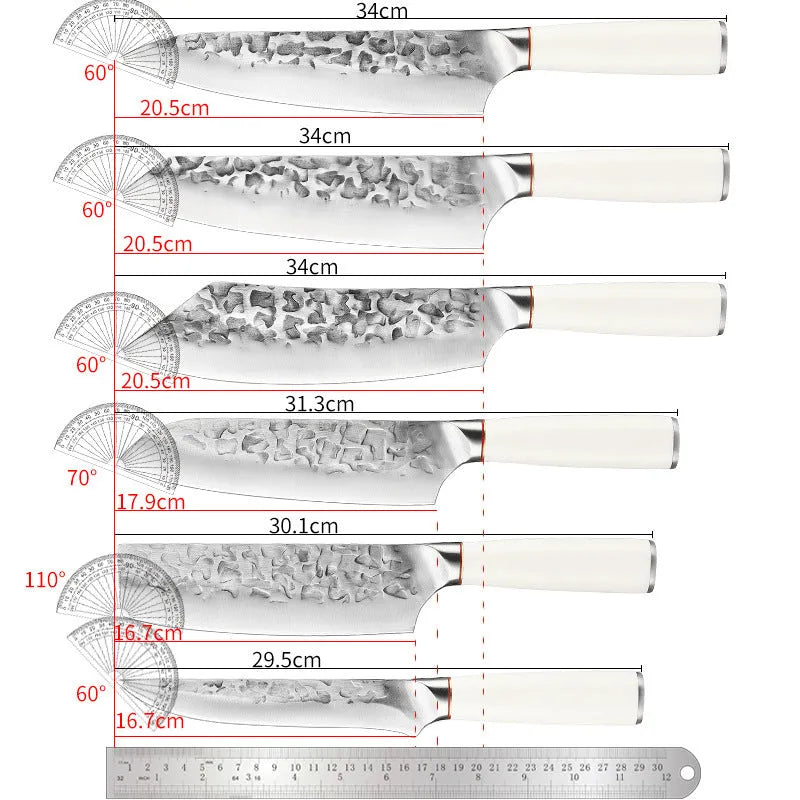 Hand-forged stainless steel kitchen knife set with 7 blades on a wooden cutting board