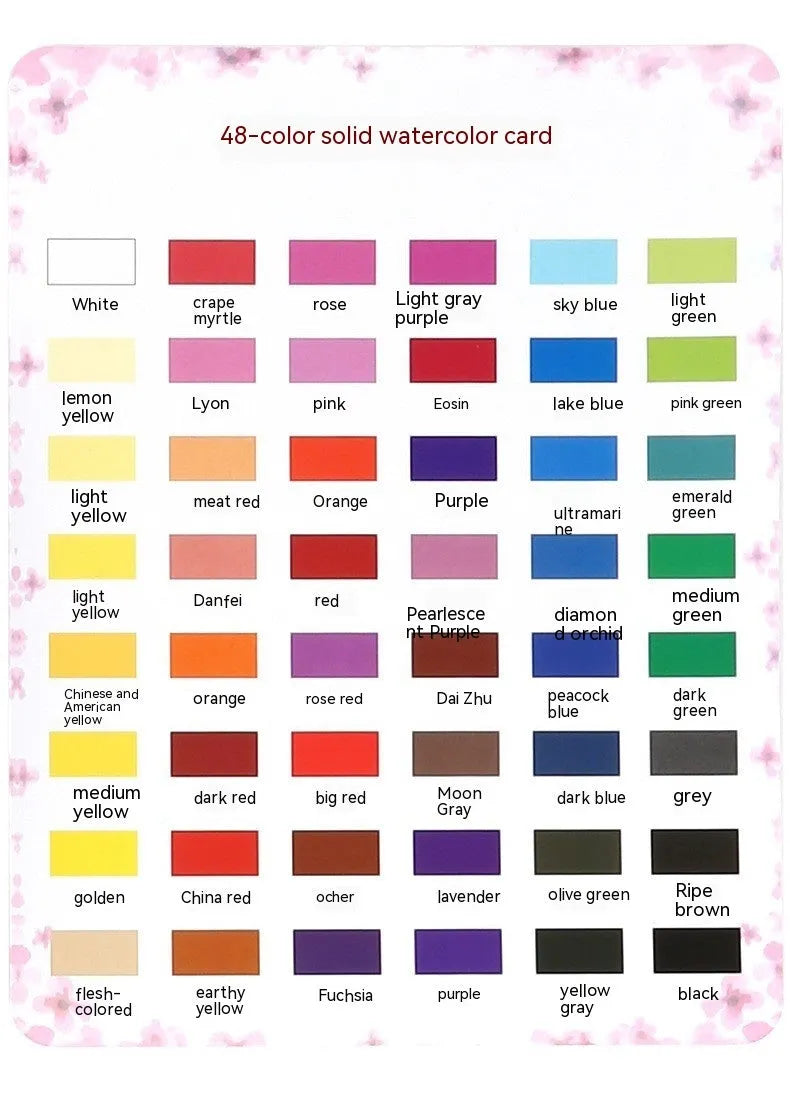 Open box showing 48 solid watercolour paint cakes in various colours including black knight, pink, and blue.
