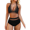 Women's black polyester bikini set with halter neck top and briefs on a mannequin.