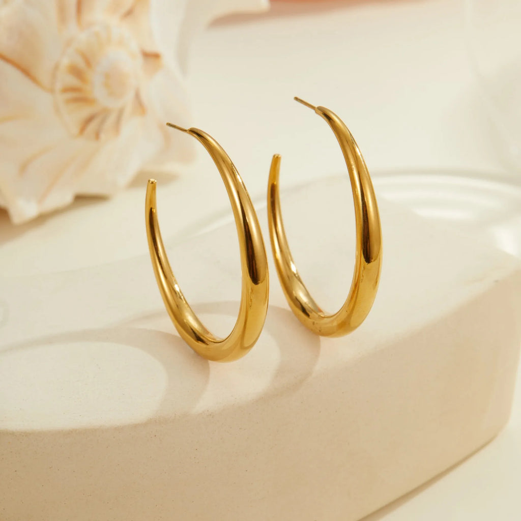 Simple titanium steel hoop earrings in gold and steel finishes, available in large and small circular sizes