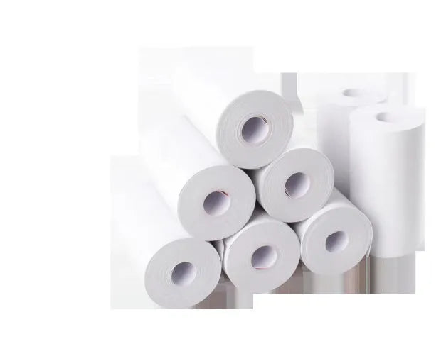 Bluetooth mobile mini thermal printer in pink with paper rolls and USB cable
