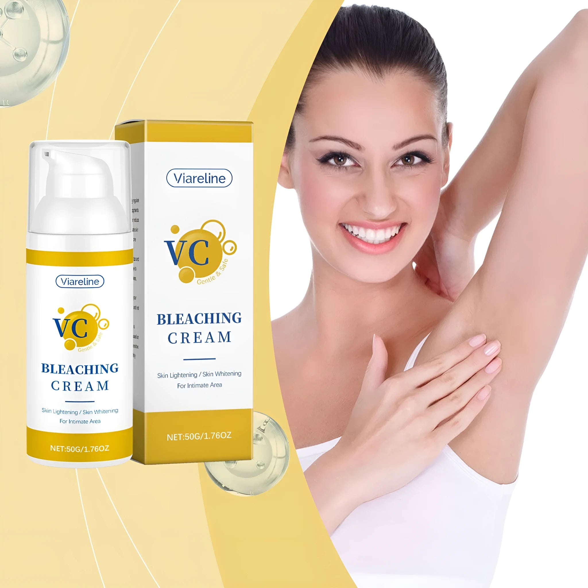 Jar of vitamin C whitening cream for skin lightening, 50g net content.