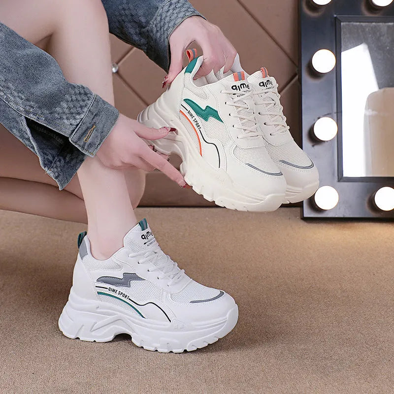 Women's white height increasing dad shoes with breathable mesh and lace-up design
