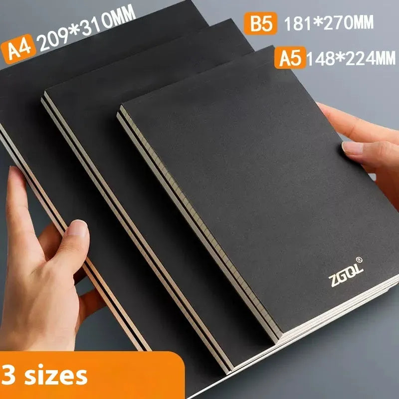 Set of A4, A5, and B5 writing pads showing blank, grid, and lined page options.