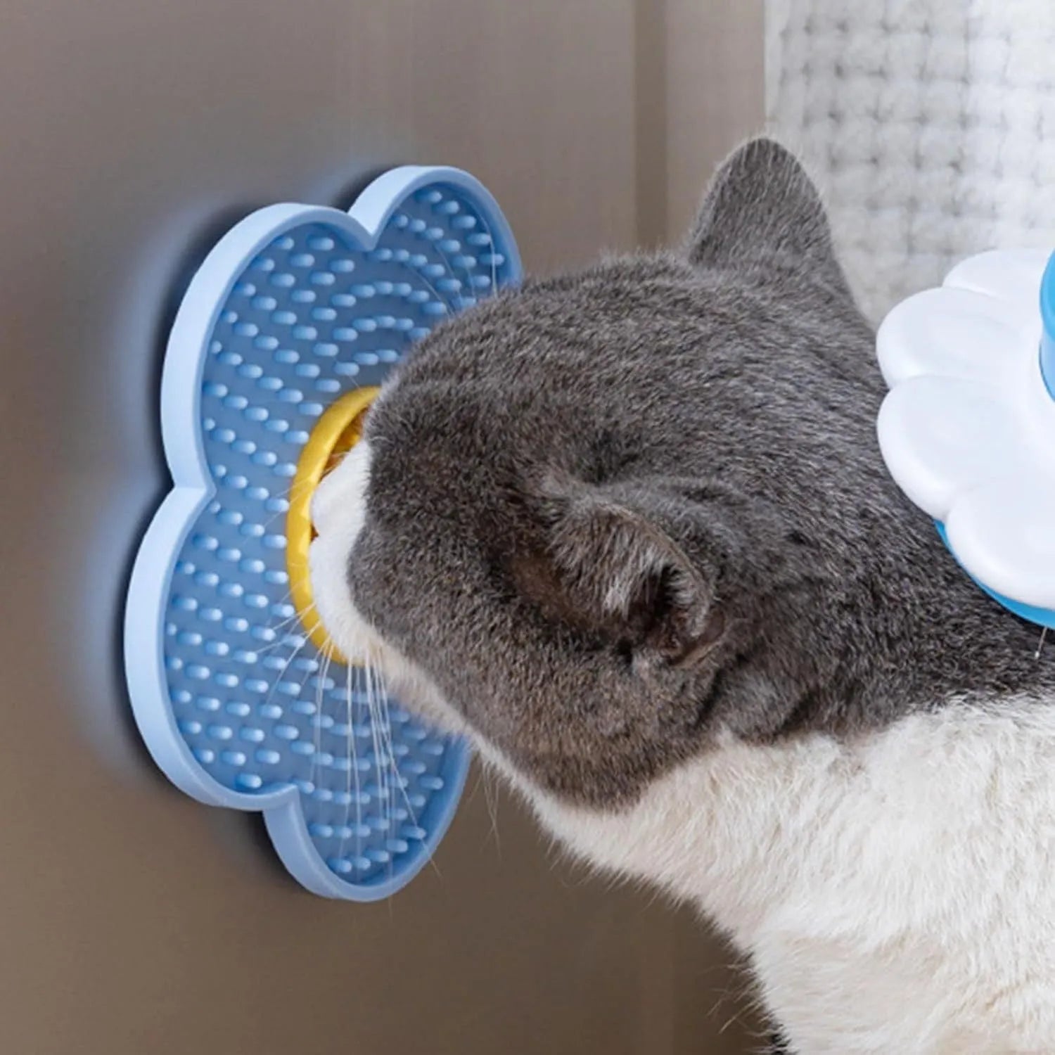 Flower-shaped silicone lick mat for dogs and cats with suction cups on a blue background.