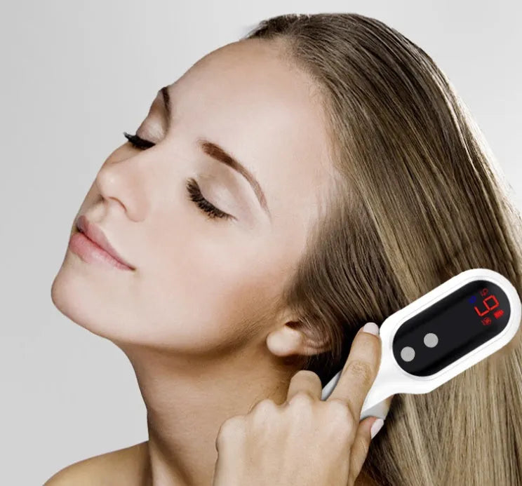 White electric head massager with red and blue light therapy, 26 soft contacts, LED display, and USB rechargeable battery
