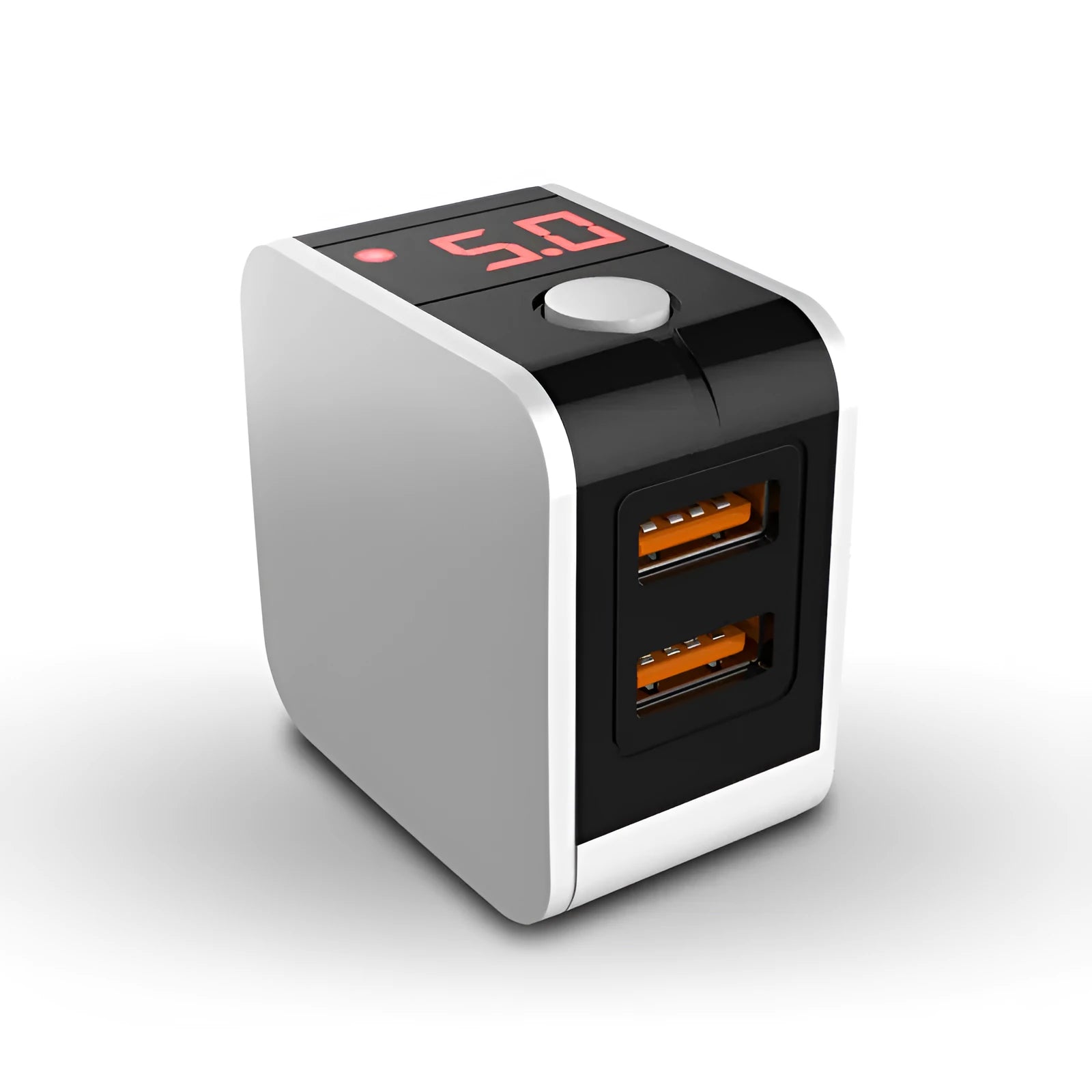 White dual USB travel wall charger with digital voltage display showing 5.0V, next to a smartphone.