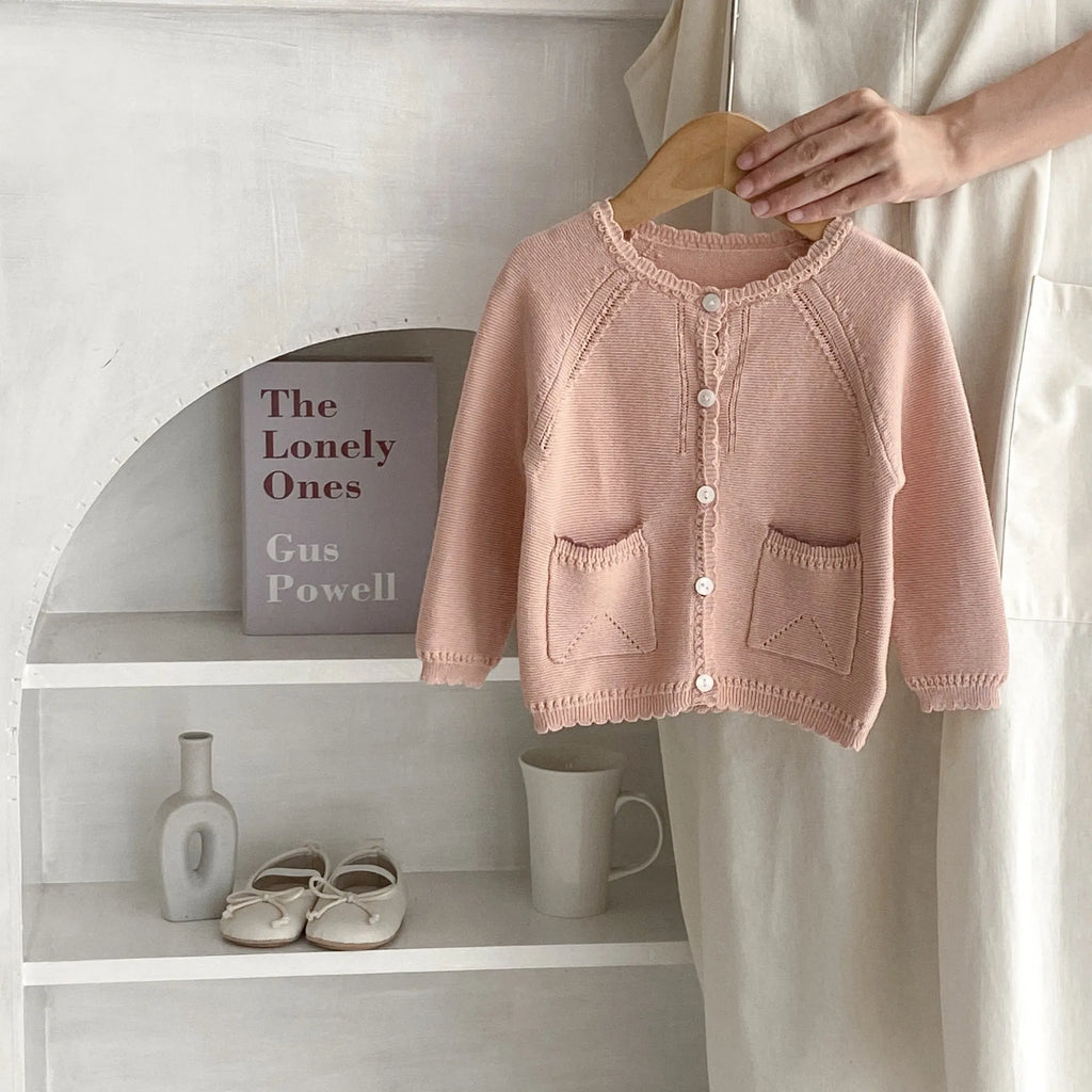 Baby girl cotton knit cardigan in lotus root pink, single-breasted long sleeve, sizes 66cm to 100cm
