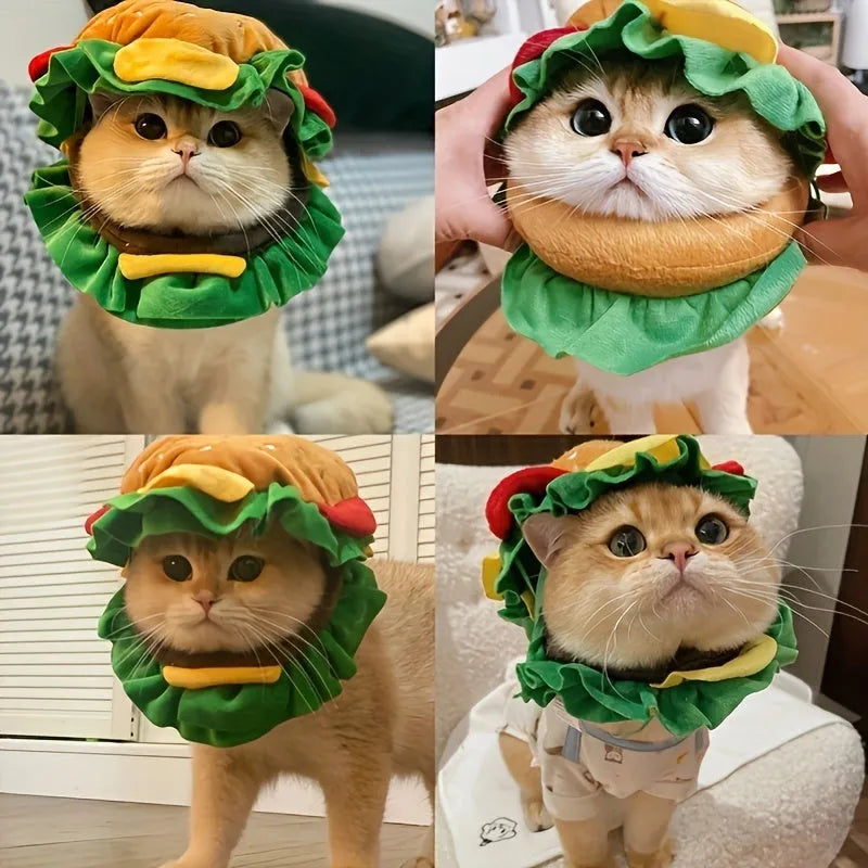 Burger headdress collar for cats in cartoon style with adjustable sizing for pet dress-up