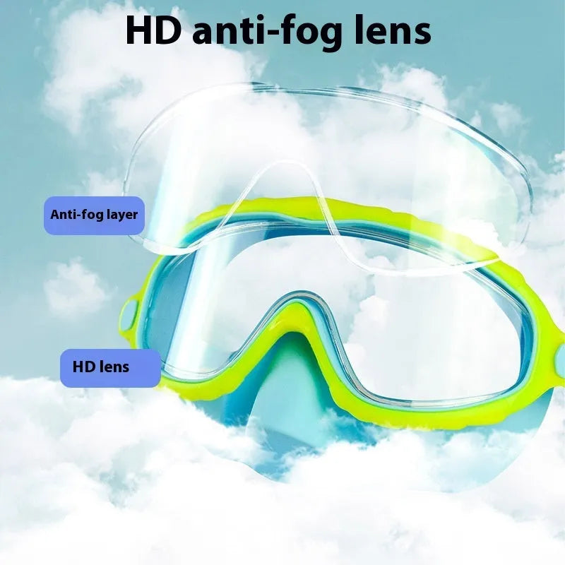 Children's anti-fog swimming goggles with large frame and HD lens in blue pink colour option, boxed