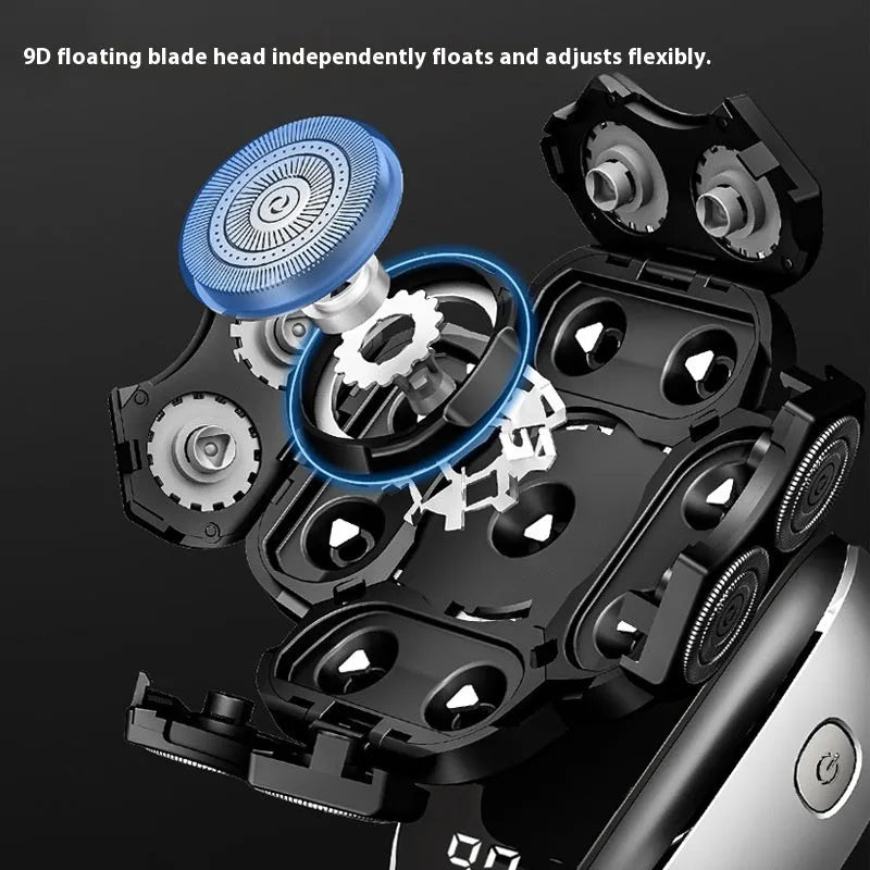Black rechargeable 6-in-1 hair clipper and grooming kit with multiple attachments laid out.