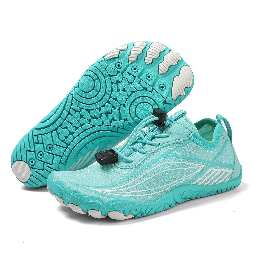 Children's quick-dry wading swimming shoes in grey with a non-slip rubber sole and elastic band.