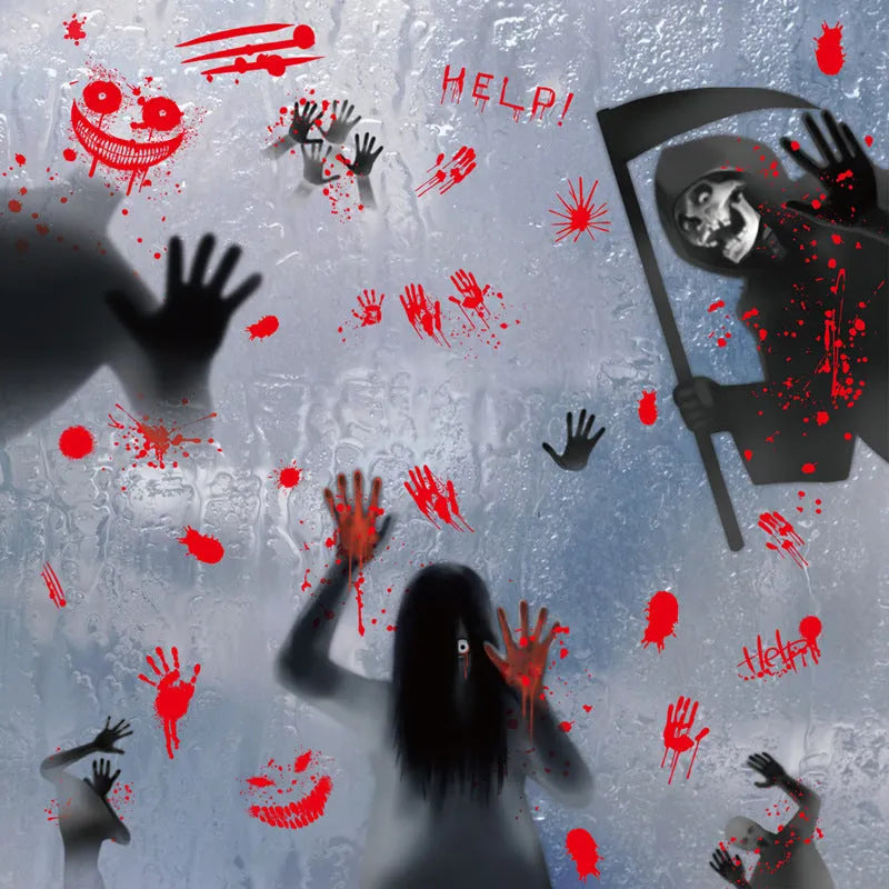 Six PVC electrostatic Halloween stickers with female ghost and skull motifs arranged as a window scene layout