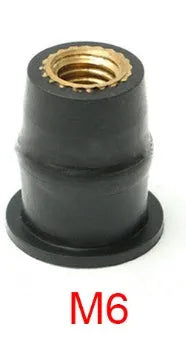 Set of black rubber brass expansion well nut fasteners for motorcycle windshield mounting