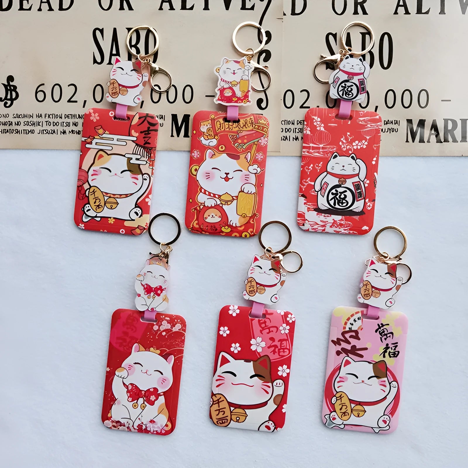 Lucky Cat cartoon design plastic certificate holder sleeve with a metal ferrule pendant.