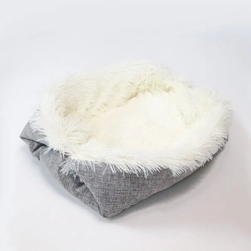 Grey and white pet blanket nest with long plush surface and black non-slip bottom