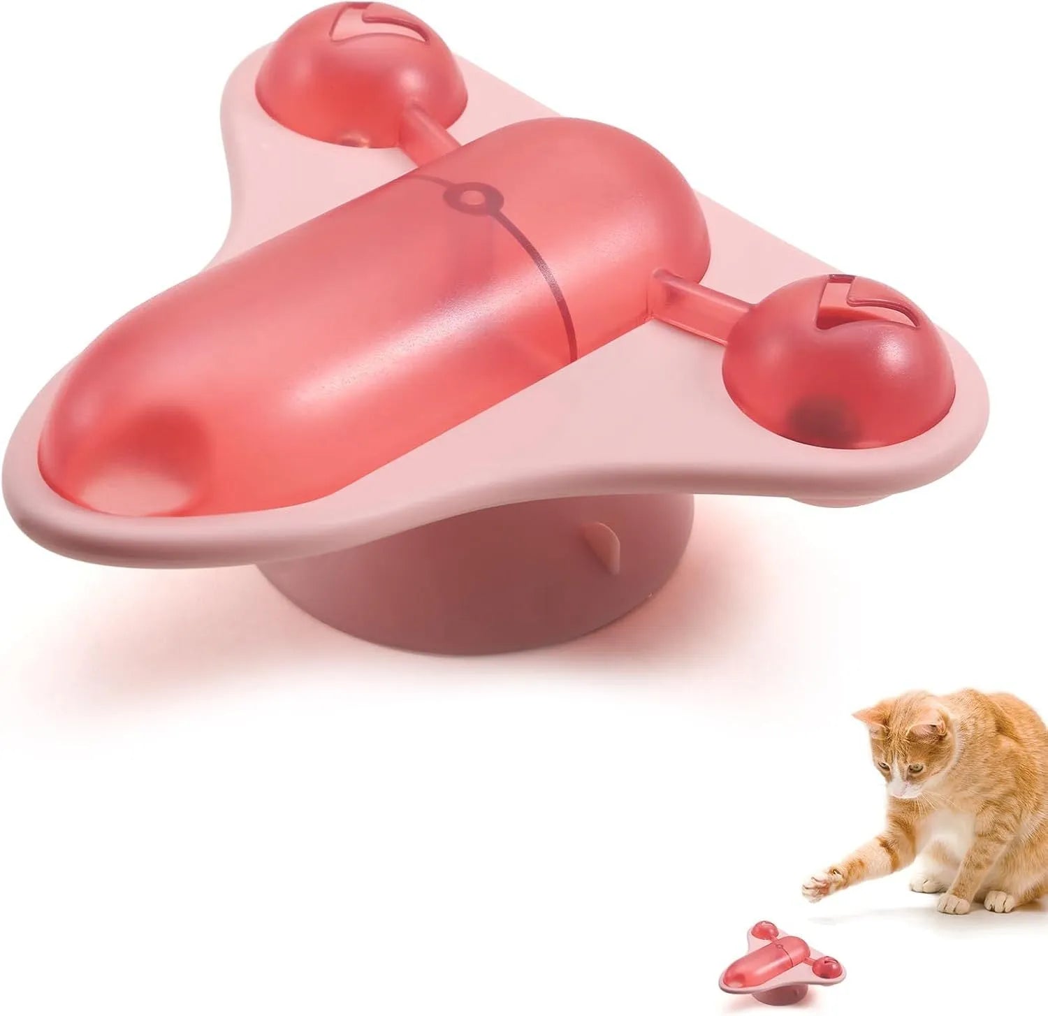 Blue interactive pet puzzle toy with snack cabin, bell, and catnip on a smooth floor.