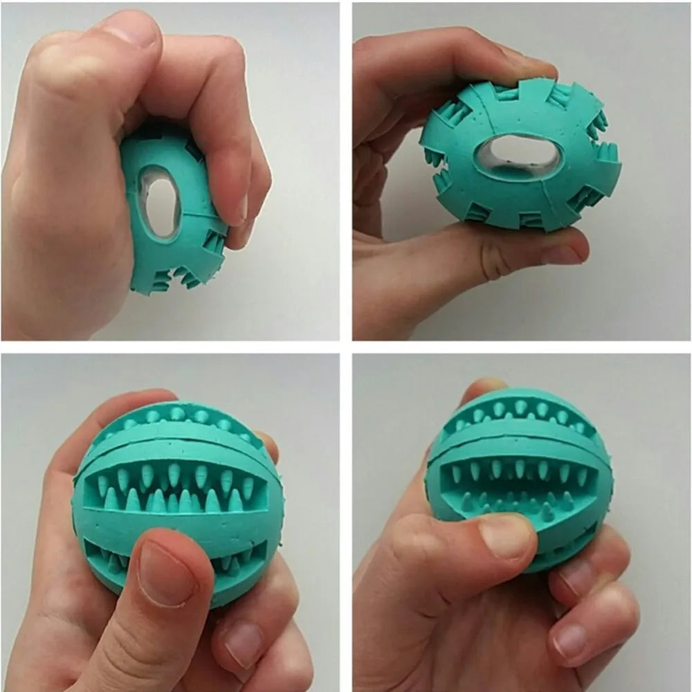 Rubber dog ball toy in blue green red for treat dispensing, slow feeding and tooth cleaning, 5cm and 7cm