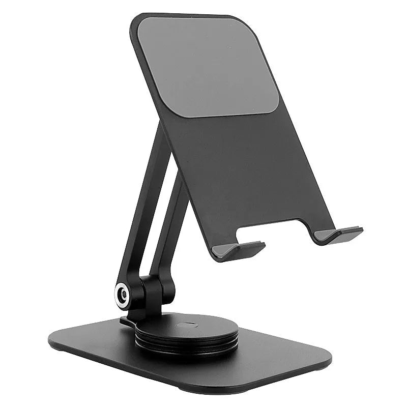 Aluminium alloy rotary desktop phone holder with silicone pad, silver grey finish, unfolded on desk