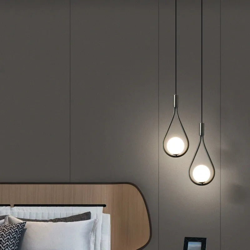 Modern minimalist copper bedside chandelier lamp with choice of light cover colours for bedroom.