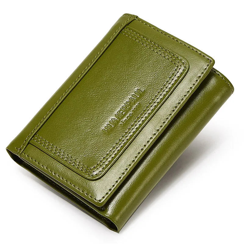 Multi-slot men's genuine leather zipper bag coin purse in brown with visible stitching and metal zipper