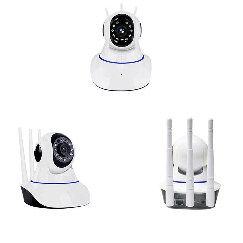 White wireless dome security camera on a stand showing the lens and housing.