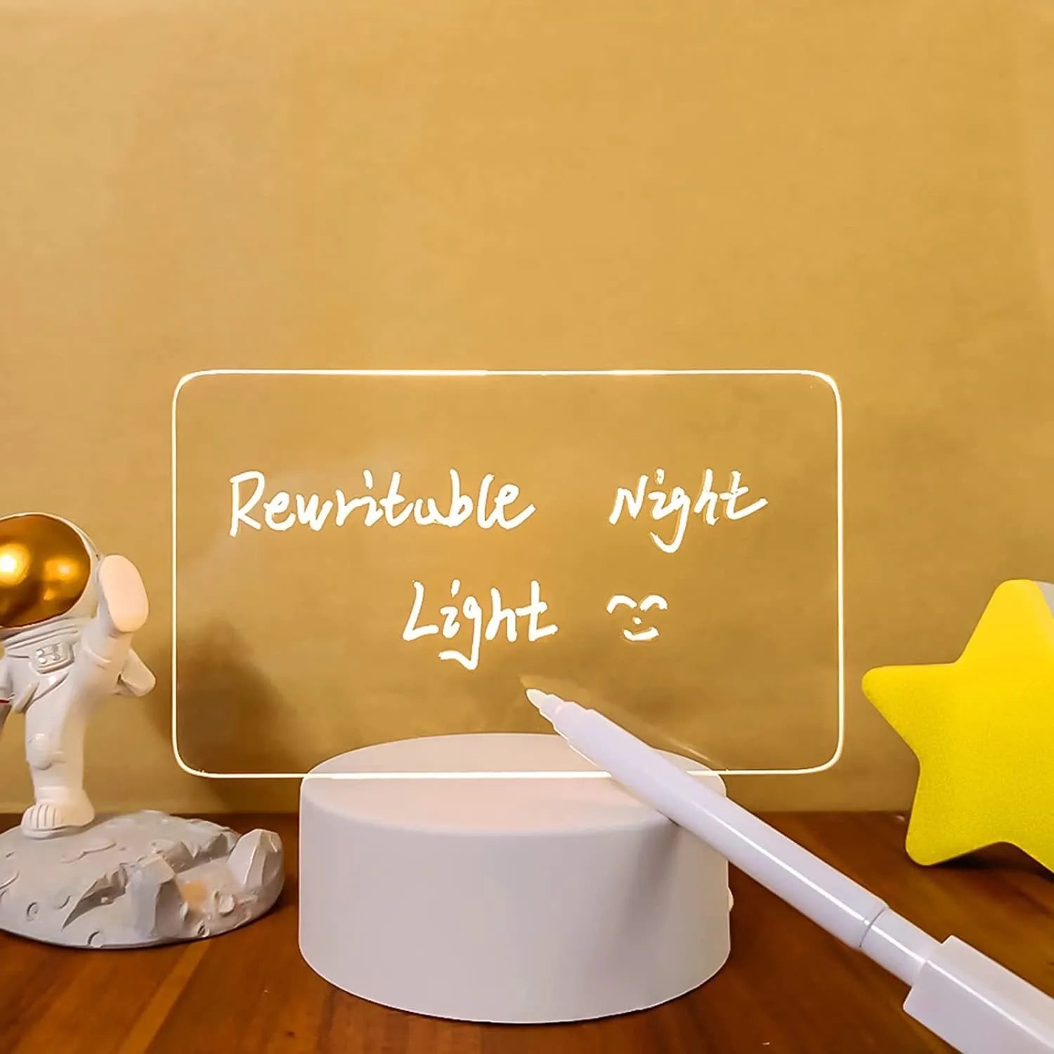 Acrylic message board night lamp with round base and warm light, four interchangeable panels, USB powered