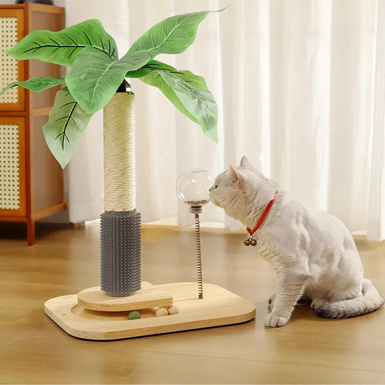 Vertical solid wood cat scratching post in a canna green-grey colour finish.